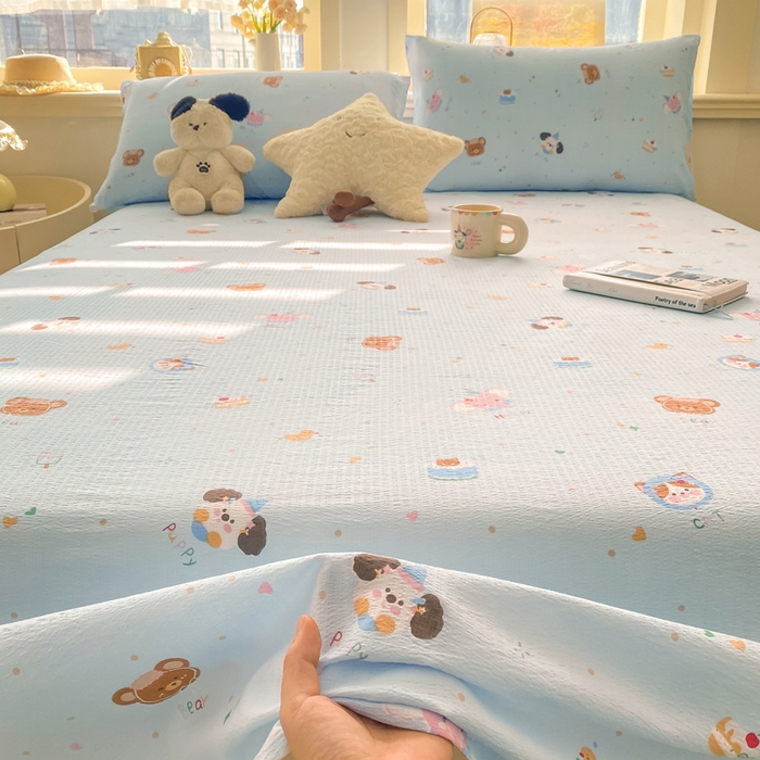 91家纺网 家纺一手货源 找家纺 晓时候 2026新款A类云感双层纱床单三件套单品单件床单 萌宠派对