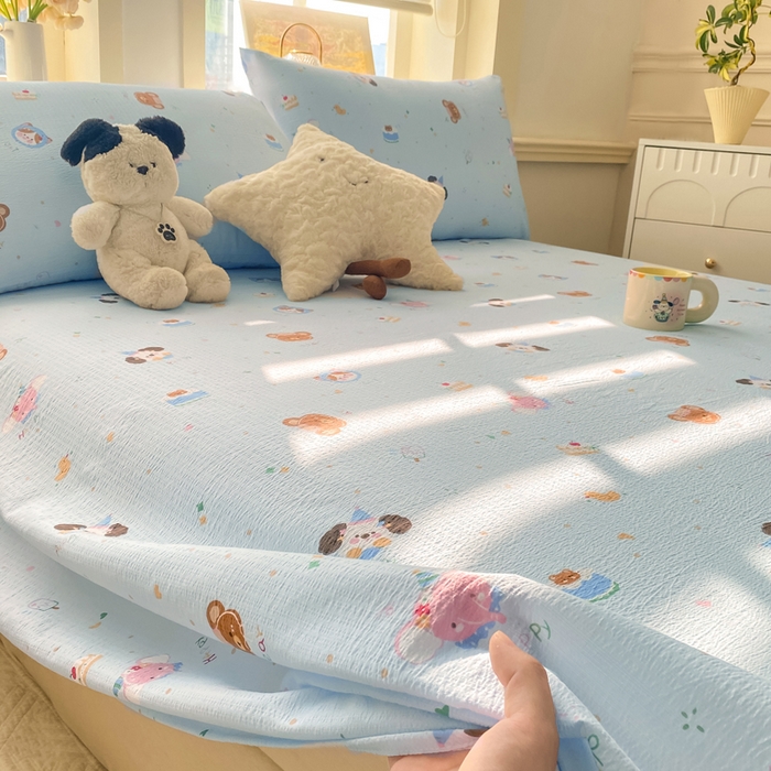 91家纺网 家纺一手货源 找家纺 晓时候 2026新款A类云感双层纱床单三件套单品单件床单 萌宠派对