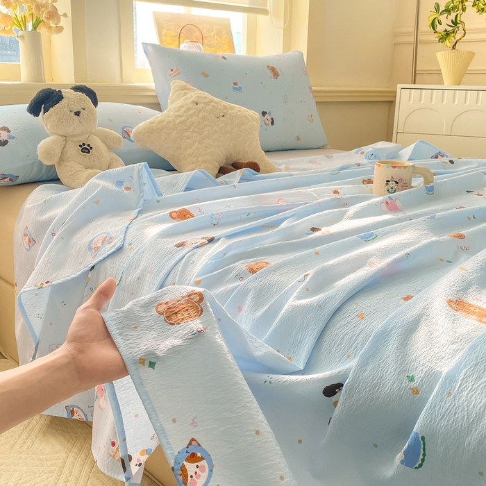 91家纺网 家纺一手货源 找家纺 晓时候 2026新款A类云感双层纱床单三件套单品单件床单 萌宠派对