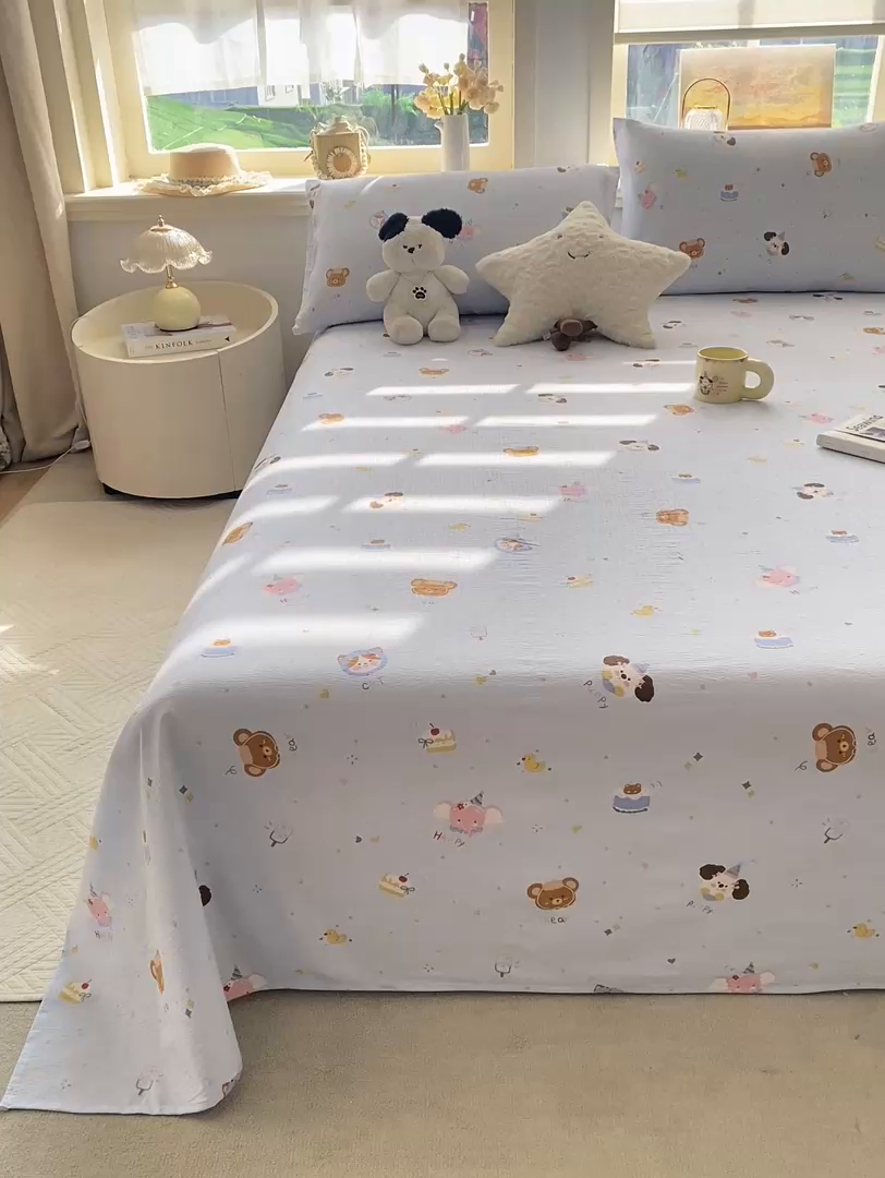 91家纺网 家纺一手货源 找家纺 晓时候 2026新款A类云感双层纱床单三件套单品单件床单 萌宠派对