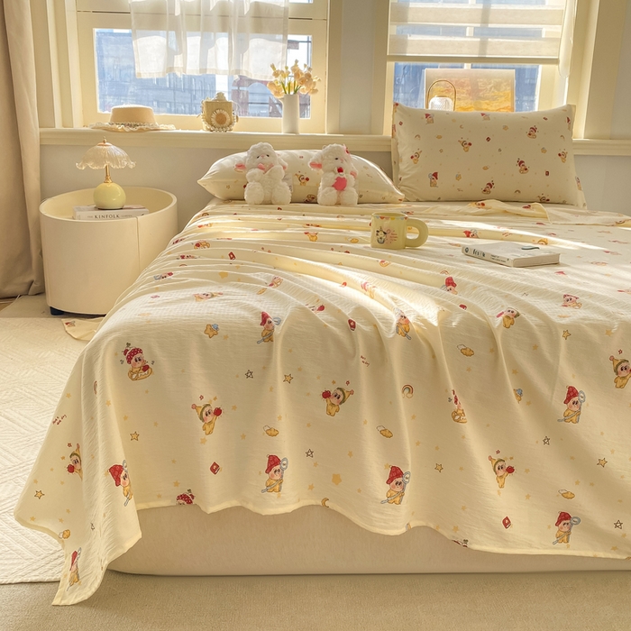 91家纺网 家纺一手货源 找家纺 晓时候 2026新款A类云感双层纱床单三件套单品单件床单 萌萌星星人