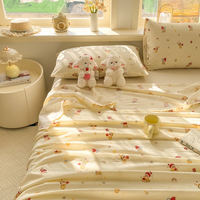 91家纺网 家纺一手货源 找家纺 晓时候 2026新款A类云感双层纱床单三件套单品单件床单 萌萌星星人