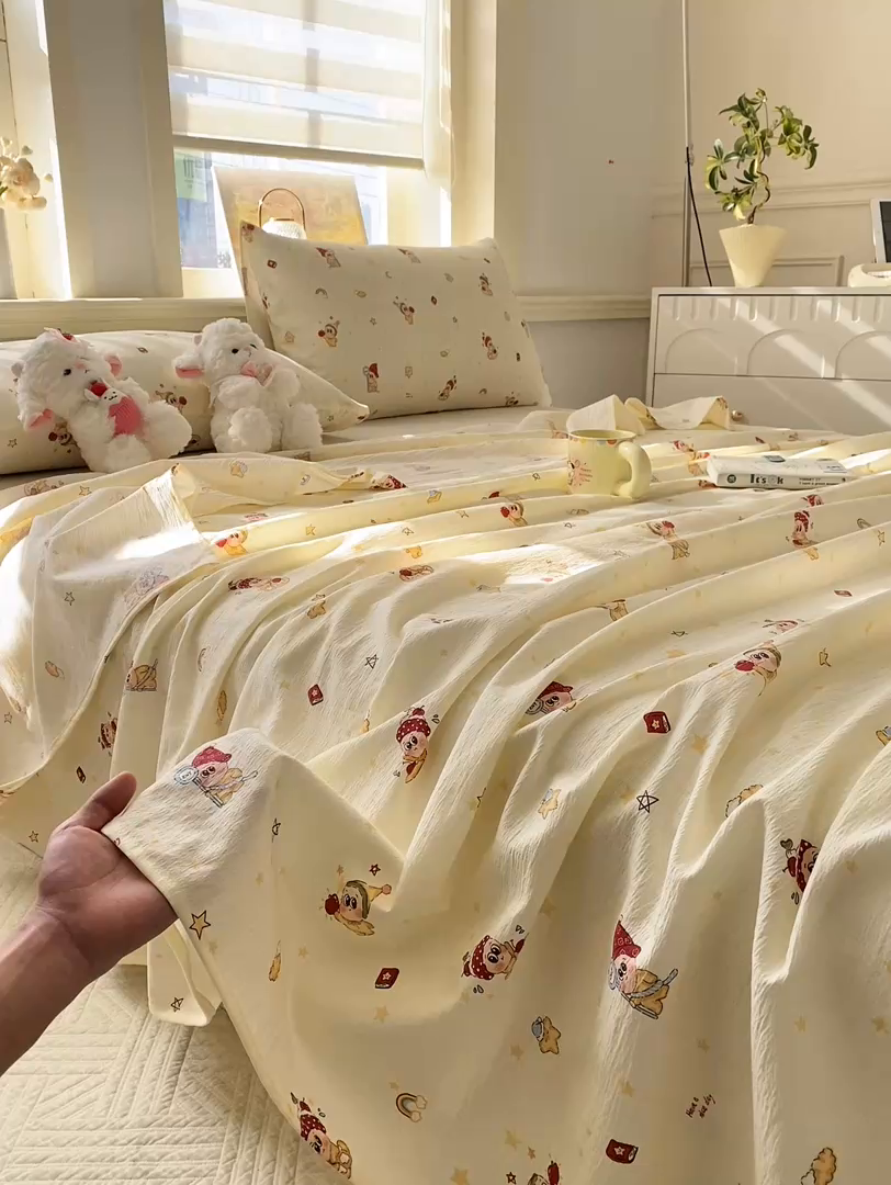 91家纺网 家纺一手货源 找家纺 晓时候 2026新款A类云感双层纱床单三件套单品单件床单 萌萌星星人