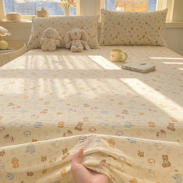 91家纺网 家纺一手货源 找家纺 晓时候 2026新款A类云感双层纱床单三件套单品单件床单 奶芙狗