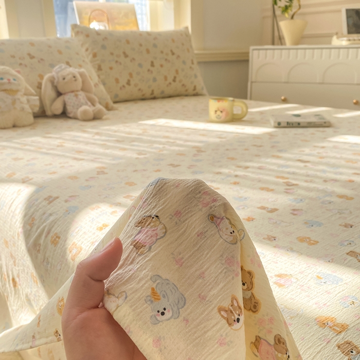 91家纺网 家纺一手货源 找家纺 晓时候 2026新款A类云感双层纱床单三件套单品单件床单 奶芙狗