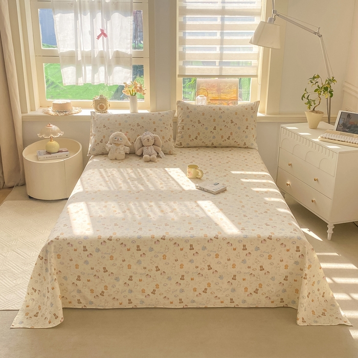 91家纺网 家纺一手货源 找家纺 晓时候 2026新款A类云感双层纱床单三件套单品单件床单 奶芙狗