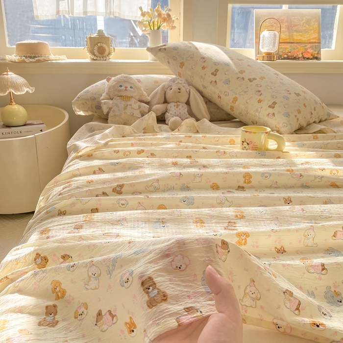 91家纺网 家纺一手货源 找家纺 晓时候 2026新款A类云感双层纱床单三件套单品单件床单 奶芙狗