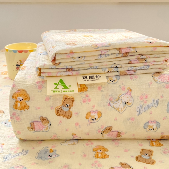 91家纺网 家纺一手货源 找家纺 晓时候 2026新款A类云感双层纱床单三件套单品单件床单 奶芙狗