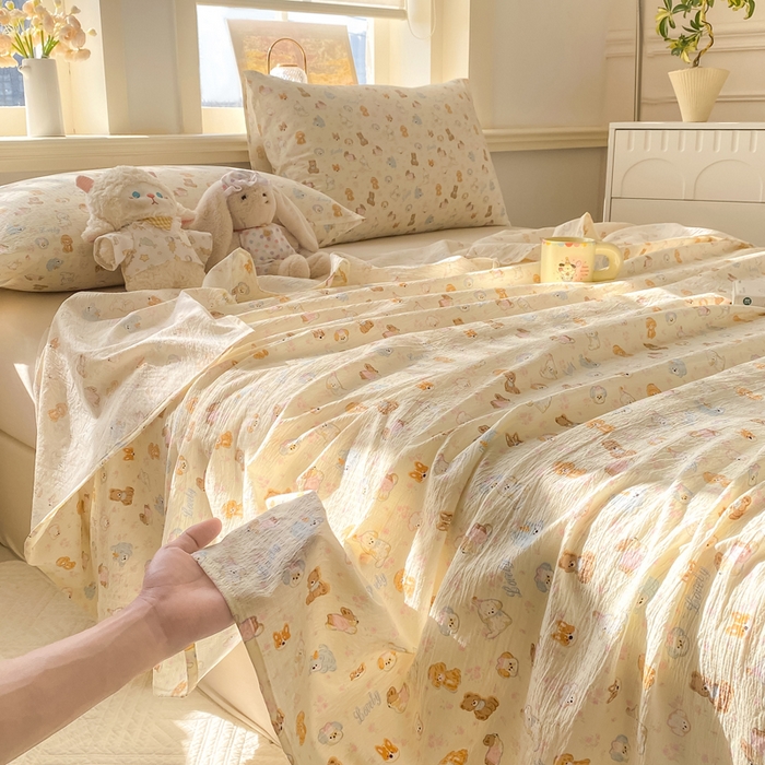 91家纺网 家纺一手货源 找家纺 晓时候 2026新款A类云感双层纱床单三件套单品单件床单 奶芙狗