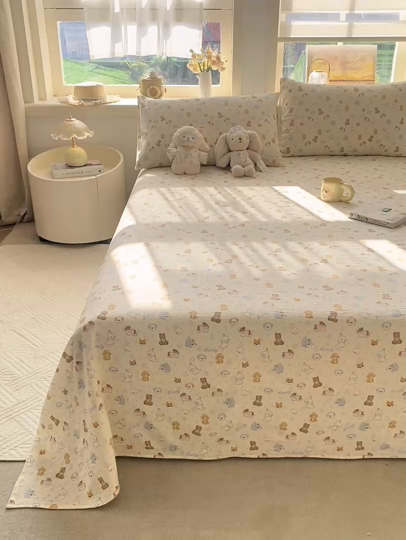 91家纺网 家纺一手货源 找家纺 晓时候 2026新款A类云感双层纱床单三件套单品单件床单 奶芙狗