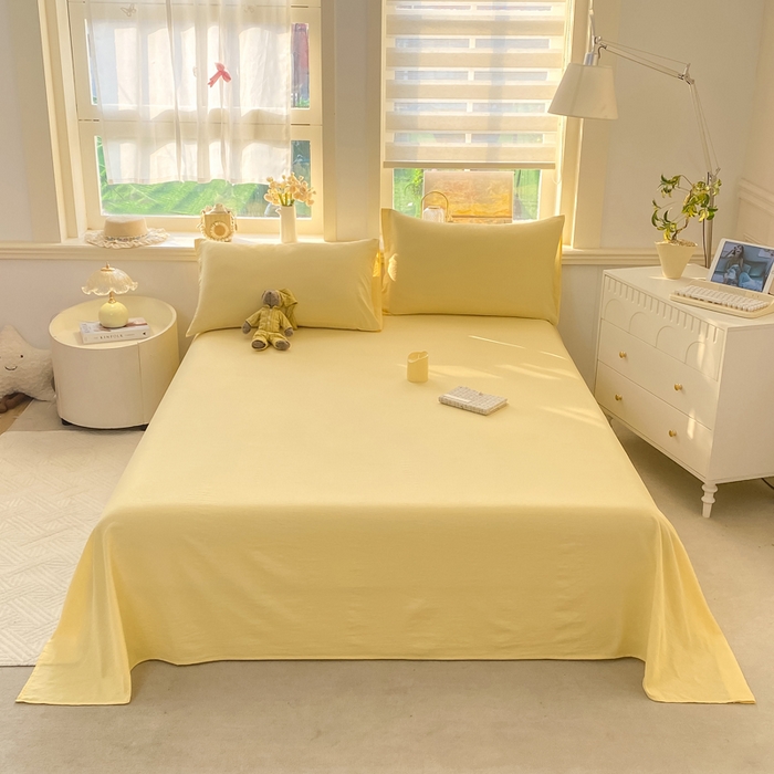 91家纺网 家纺一手货源 找家纺 晓时候 2026新款A类云感双层纱床单三件套单品单件床单 柠檬黄