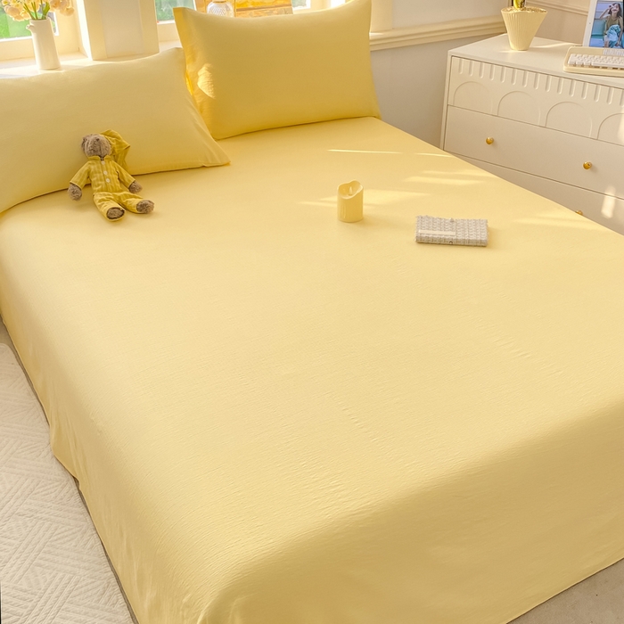 91家纺网 家纺一手货源 找家纺 晓时候 2026新款A类云感双层纱床单三件套单品单件床单 柠檬黄