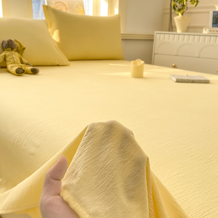 91家纺网 家纺一手货源 找家纺 晓时候 2026新款A类云感双层纱床单三件套单品单件床单 柠檬黄