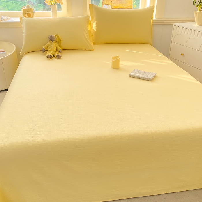 91家纺网 家纺一手货源 找家纺 晓时候 2026新款A类云感双层纱床单三件套单品单件床单 柠檬黄