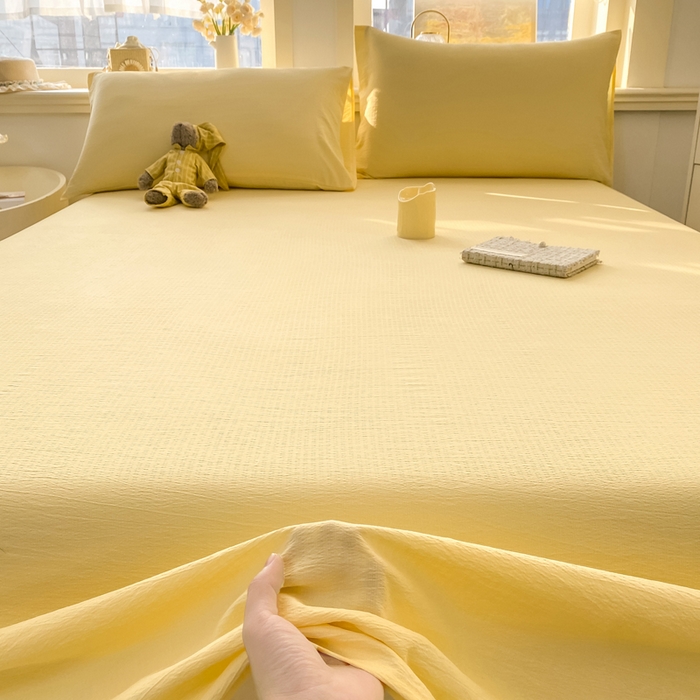 91家纺网 家纺一手货源 找家纺 晓时候 2026新款A类云感双层纱床单三件套单品单件床单 柠檬黄