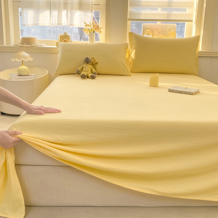 91家纺网 家纺一手货源 找家纺 晓时候 2026新款A类云感双层纱床单三件套单品单件床单 柠檬黄