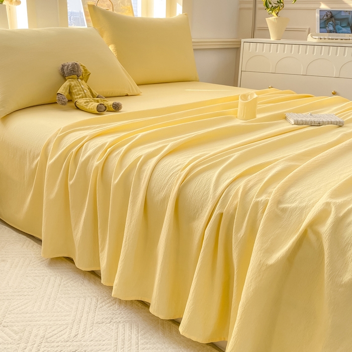 91家纺网 家纺一手货源 找家纺 晓时候 2026新款A类云感双层纱床单三件套单品单件床单 柠檬黄