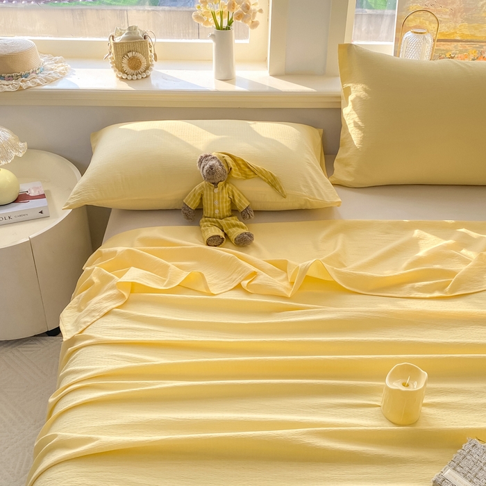 91家纺网 家纺一手货源 找家纺 晓时候 2026新款A类云感双层纱床单三件套单品单件床单 柠檬黄