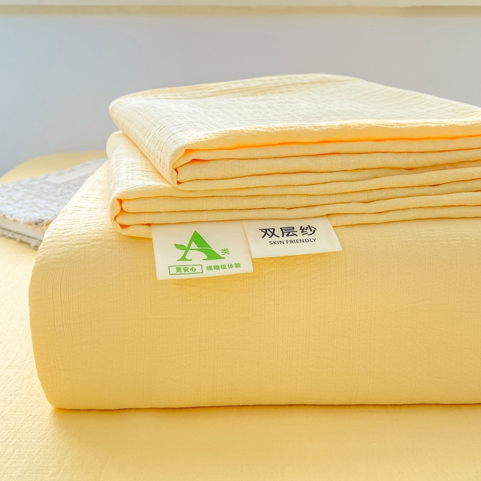 91家纺网 家纺一手货源 找家纺 晓时候 2026新款A类云感双层纱床单三件套单品单件床单 柠檬黄