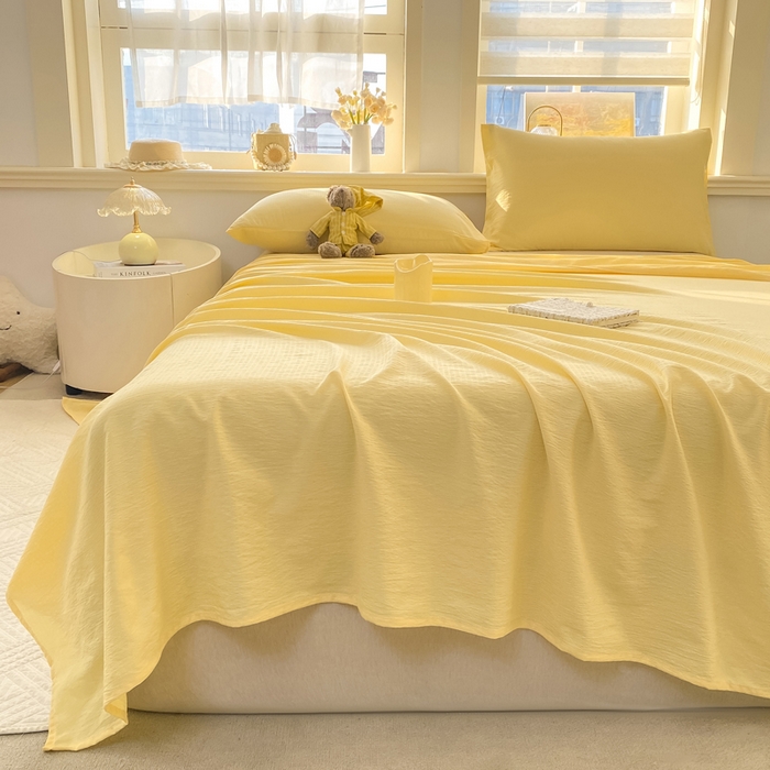 91家纺网 家纺一手货源 找家纺 晓时候 2026新款A类云感双层纱床单三件套单品单件床单 柠檬黄
