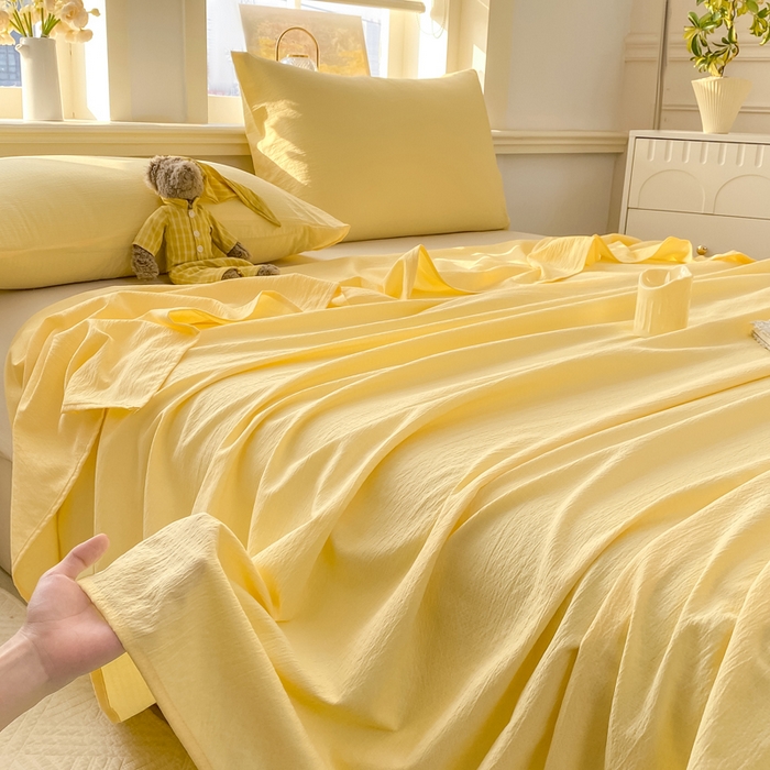 91家纺网 家纺一手货源 找家纺 晓时候 2026新款A类云感双层纱床单三件套单品单件床单 柠檬黄