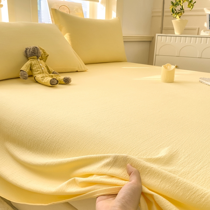 91家纺网 家纺一手货源 找家纺 晓时候 2026新款A类云感双层纱床单三件套单品单件床单 柠檬黄