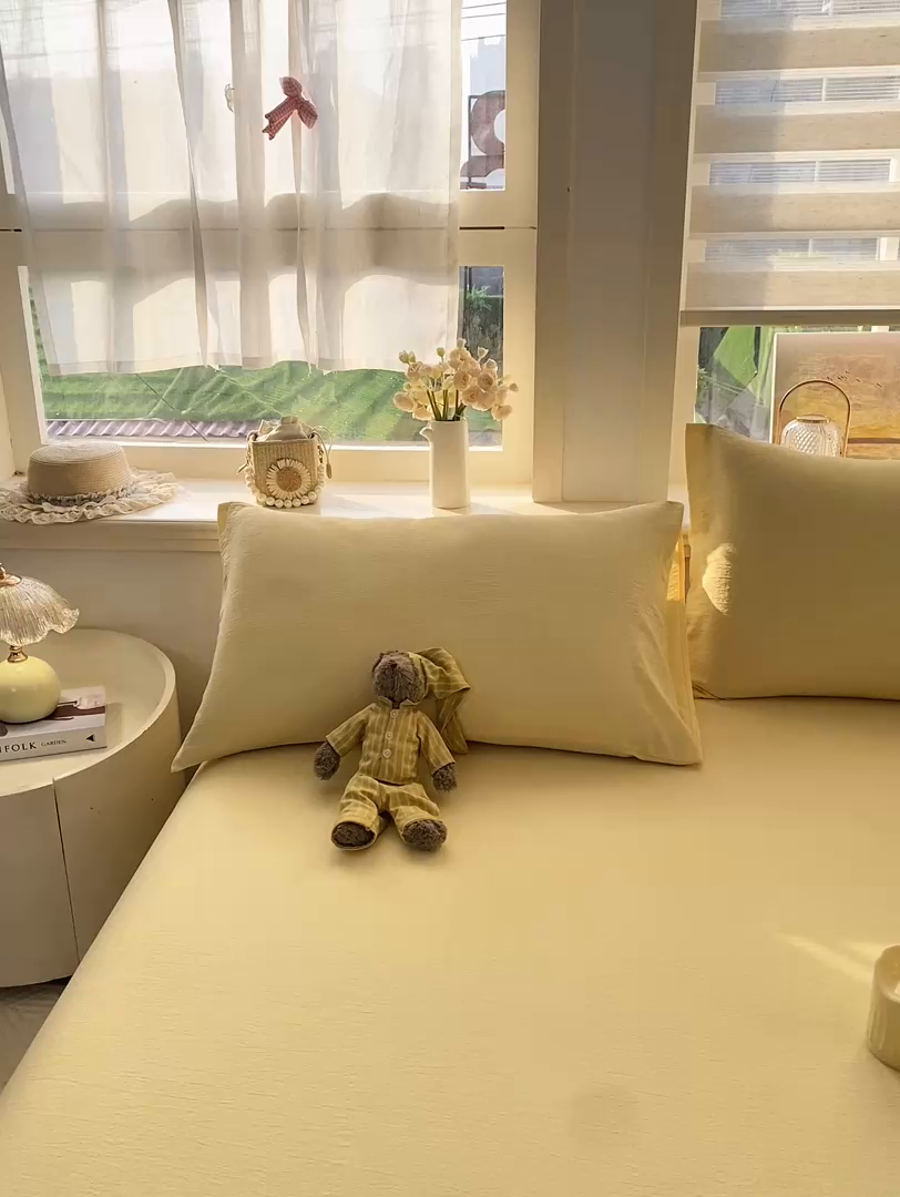 91家纺网 家纺一手货源 找家纺 晓时候 2026新款A类云感双层纱床单三件套单品单件床单 柠檬黄