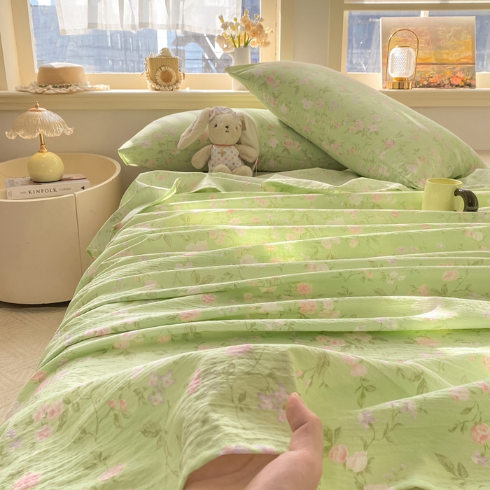 91家纺网 家纺一手货源 找家纺 晓时候 2026新款A类云感双层纱床单三件套单品单件床单 芊芊花语