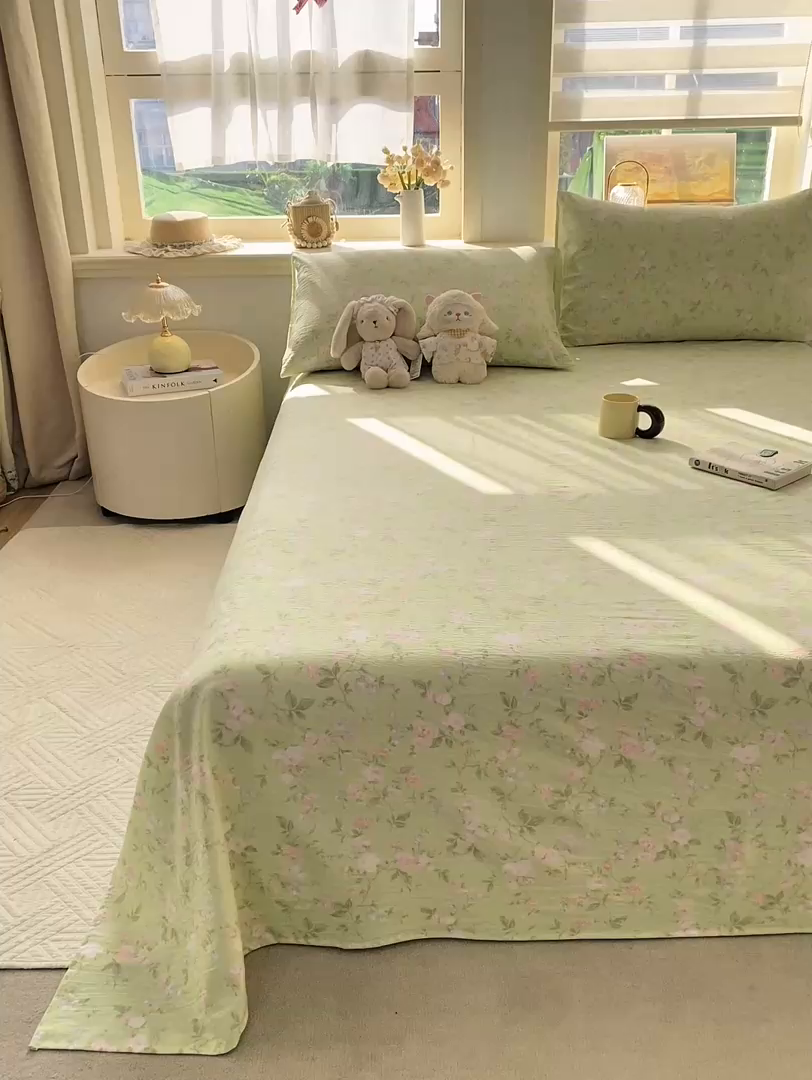 91家纺网 家纺一手货源 找家纺 晓时候 2026新款A类云感双层纱床单三件套单品单件床单 芊芊花语