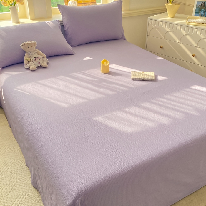 91家纺网 家纺一手货源 找家纺 晓时候 2026新款A类云感双层纱床单三件套单品单件床单 牵牛紫