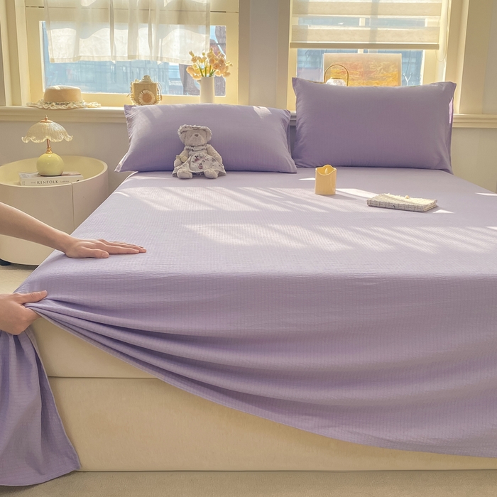 91家纺网 家纺一手货源 找家纺 晓时候 2026新款A类云感双层纱床单三件套单品单件床单 牵牛紫