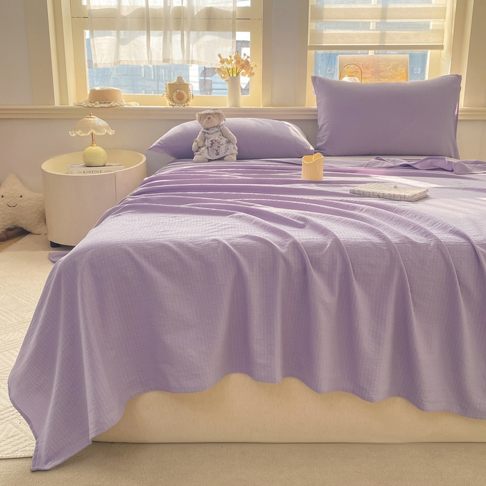 91家纺网 家纺一手货源 找家纺 晓时候 2026新款A类云感双层纱床单三件套单品单件床单 牵牛紫