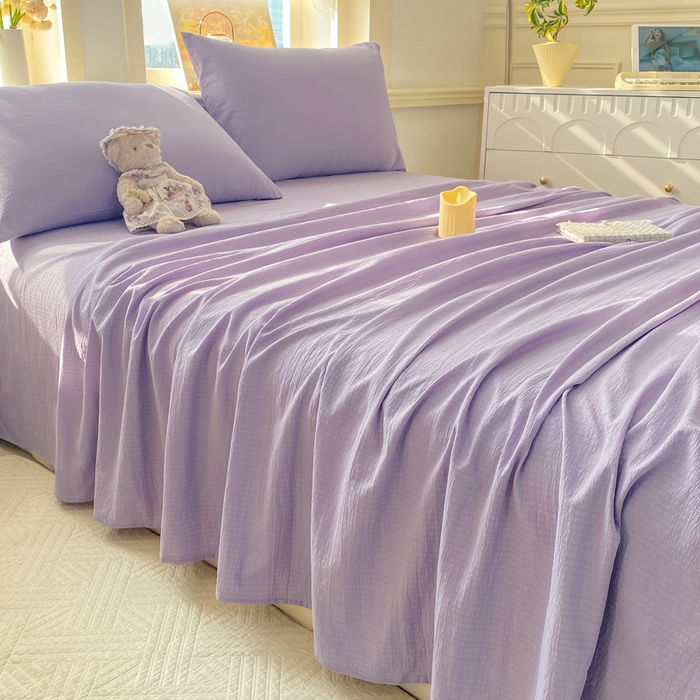 91家纺网 家纺一手货源 找家纺 晓时候 2026新款A类云感双层纱床单三件套单品单件床单 牵牛紫