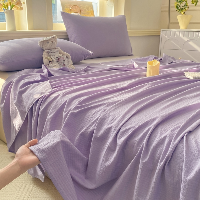 91家纺网 家纺一手货源 找家纺 晓时候 2026新款A类云感双层纱床单三件套单品单件床单 牵牛紫