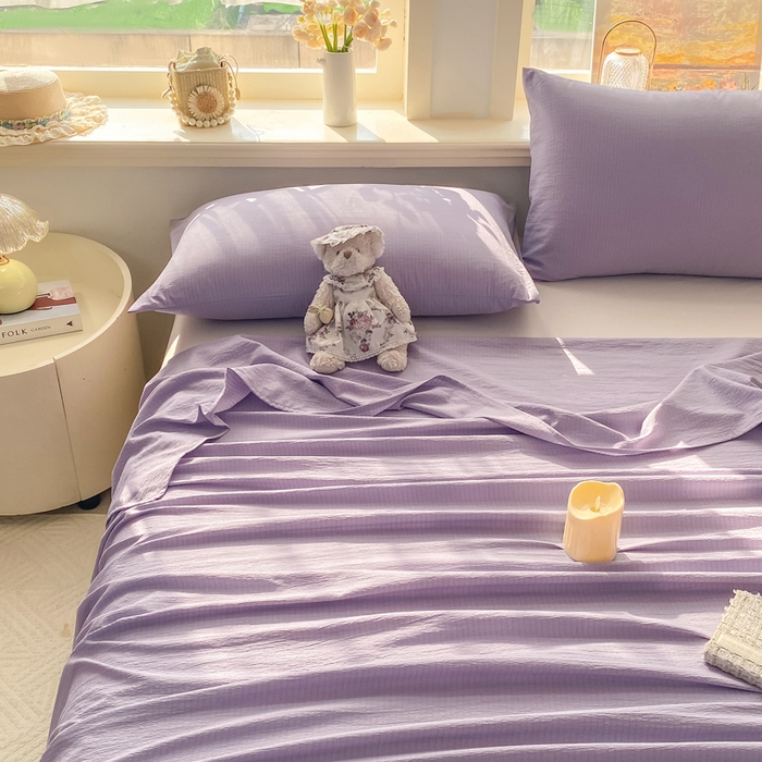 91家纺网 家纺一手货源 找家纺 晓时候 2026新款A类云感双层纱床单三件套单品单件床单 牵牛紫