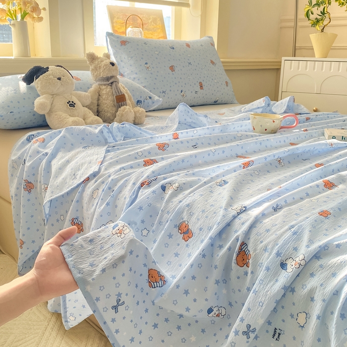 91家纺网 家纺一手货源 找家纺 晓时候 2026新款A类云感双层纱床单三件套单品单件床单 俏皮狗