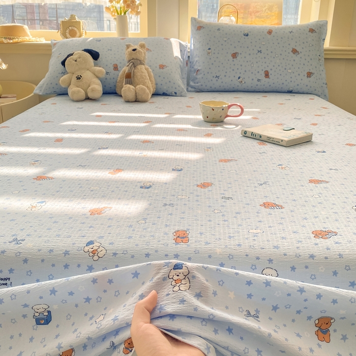 91家纺网 家纺一手货源 找家纺 晓时候 2026新款A类云感双层纱床单三件套单品单件床单 俏皮狗