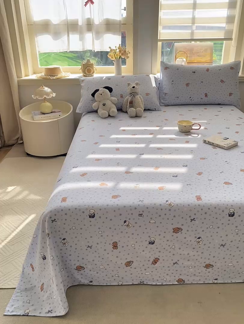 91家纺网 家纺一手货源 找家纺 晓时候 2026新款A类云感双层纱床单三件套单品单件床单 俏皮狗