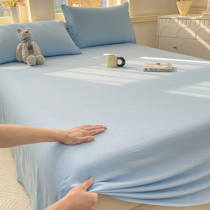 91家纺网 家纺一手货源 找家纺 晓时候 2026新款A类云感双层纱床单三件套单品单件床单 青春蓝