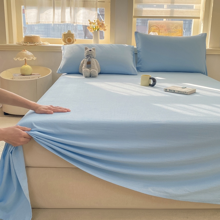 91家纺网 家纺一手货源 找家纺 晓时候 2026新款A类云感双层纱床单三件套单品单件床单 青春蓝