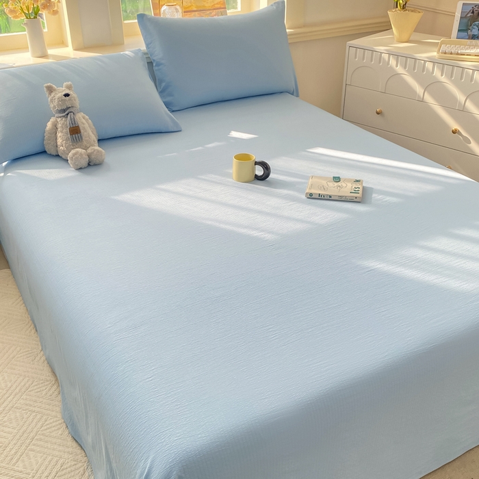 91家纺网 家纺一手货源 找家纺 晓时候 2026新款A类云感双层纱床单三件套单品单件床单 青春蓝