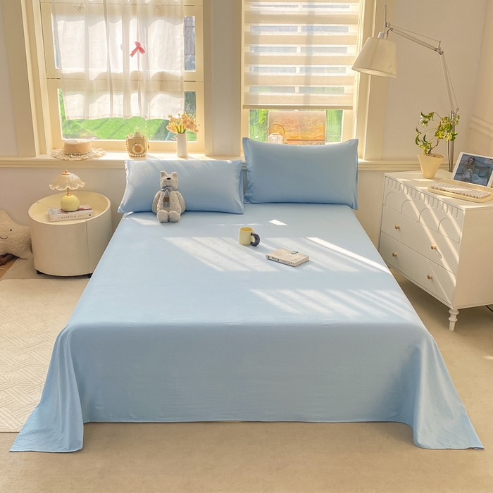 91家纺网 家纺一手货源 找家纺 晓时候 2026新款A类云感双层纱床单三件套单品单件床单 青春蓝