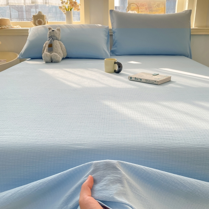 91家纺网 家纺一手货源 找家纺 晓时候 2026新款A类云感双层纱床单三件套单品单件床单 青春蓝