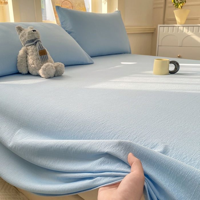 91家纺网 家纺一手货源 找家纺 晓时候 2026新款A类云感双层纱床单三件套单品单件床单 青春蓝