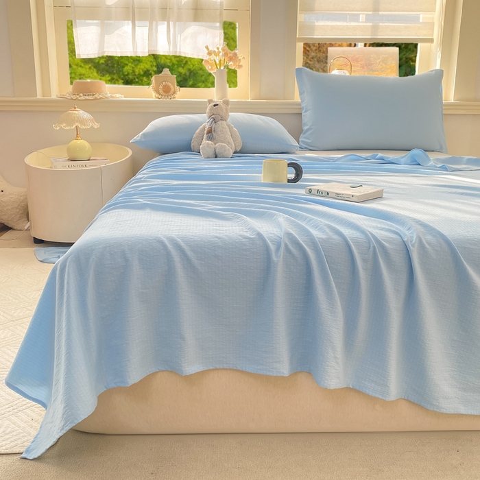 91家纺网 家纺一手货源 找家纺 晓时候 2026新款A类云感双层纱床单三件套单品单件床单 青春蓝