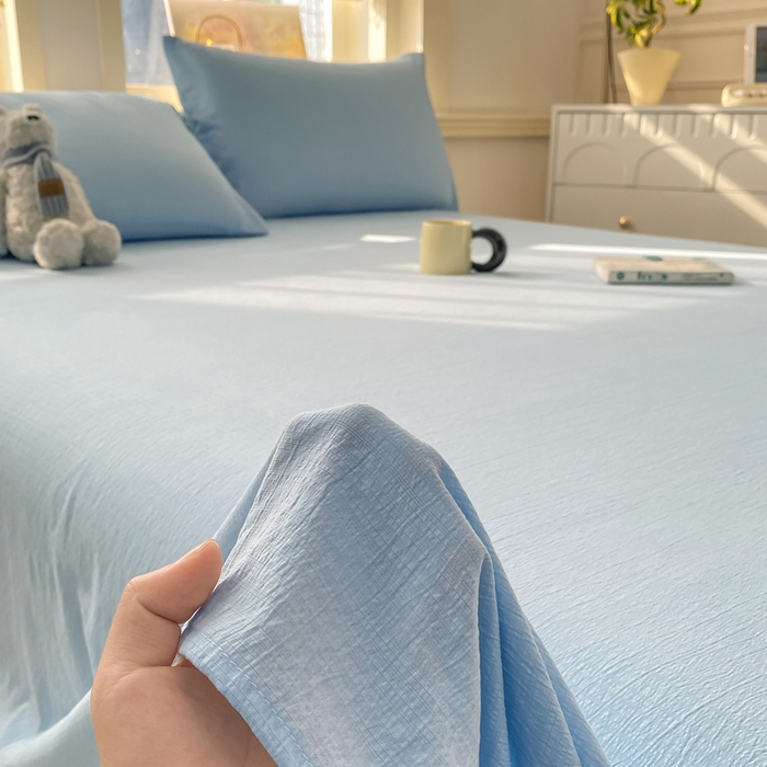 91家纺网 家纺一手货源 找家纺 晓时候 2026新款A类云感双层纱床单三件套单品单件床单 青春蓝