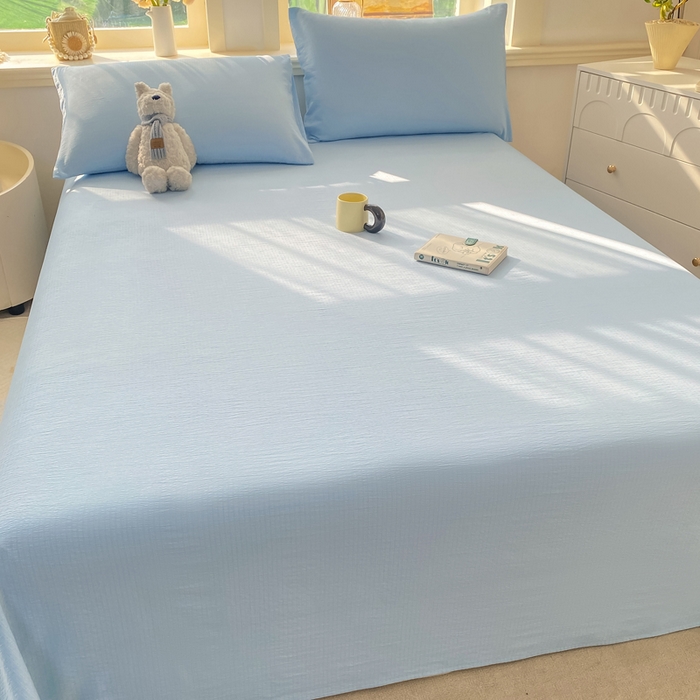 91家纺网 家纺一手货源 找家纺 晓时候 2026新款A类云感双层纱床单三件套单品单件床单 青春蓝