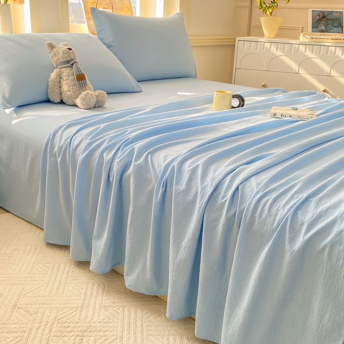 91家纺网 家纺一手货源 找家纺 晓时候 2026新款A类云感双层纱床单三件套单品单件床单 青春蓝