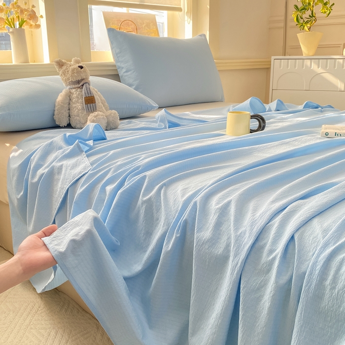 91家纺网 家纺一手货源 找家纺 晓时候 2026新款A类云感双层纱床单三件套单品单件床单 青春蓝