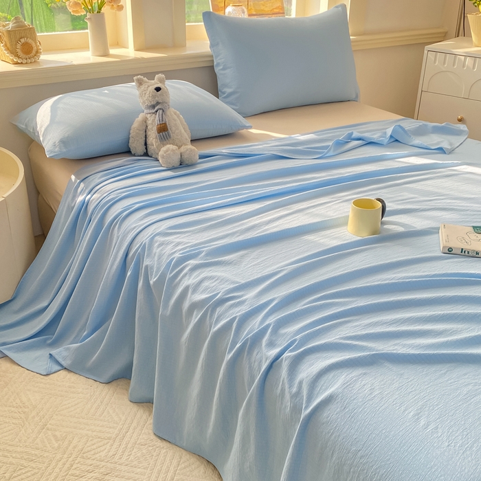 91家纺网 家纺一手货源 找家纺 晓时候 2026新款A类云感双层纱床单三件套单品单件床单 青春蓝